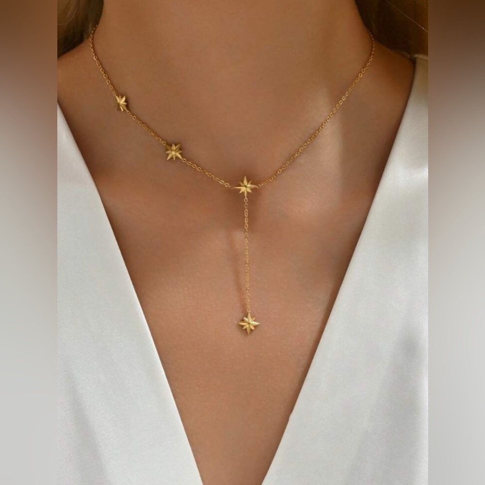 Gold Plated Stainless Steel Star Burst Lariat Charm Necklace
